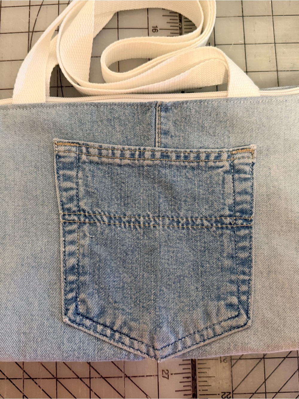 Light Wash Denim Tote with Front Pocket and Canvas Straps